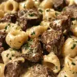 Steak Bites and Shell Pasta in Garlic Butter Alfredo Sauce